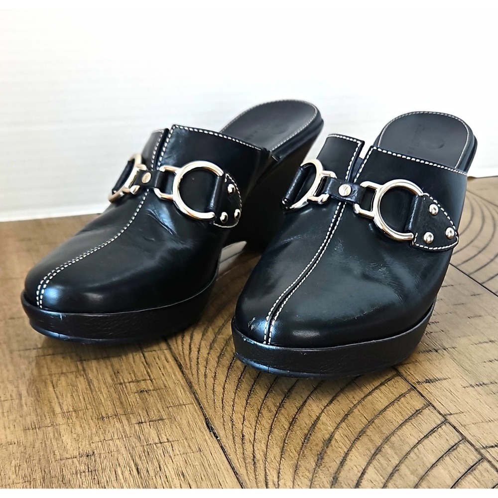 Cole Haan Leather Mule Heels 7.5B Black Buckle Studded Y2K Moto Edgy Chic Goth